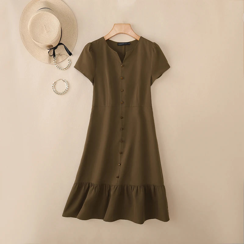 Stylish Summer Dress 2025 ZANZEA Women Elegant V-Neck Midi Dresses Office Work Sundress Short Sleeve Solid Buttons Vestidos Robe