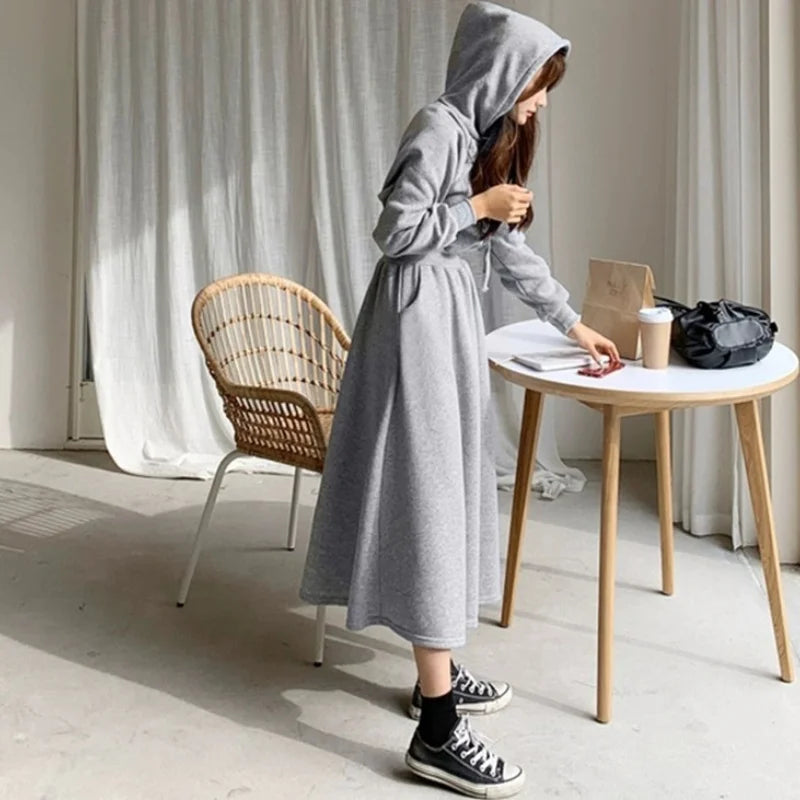 Autumn Winter Casual Women Hooded Cotton Long Dress Long Sleeved Pullover Solid Hoodie Shirring A-Line Floor-Length Rib Dresses