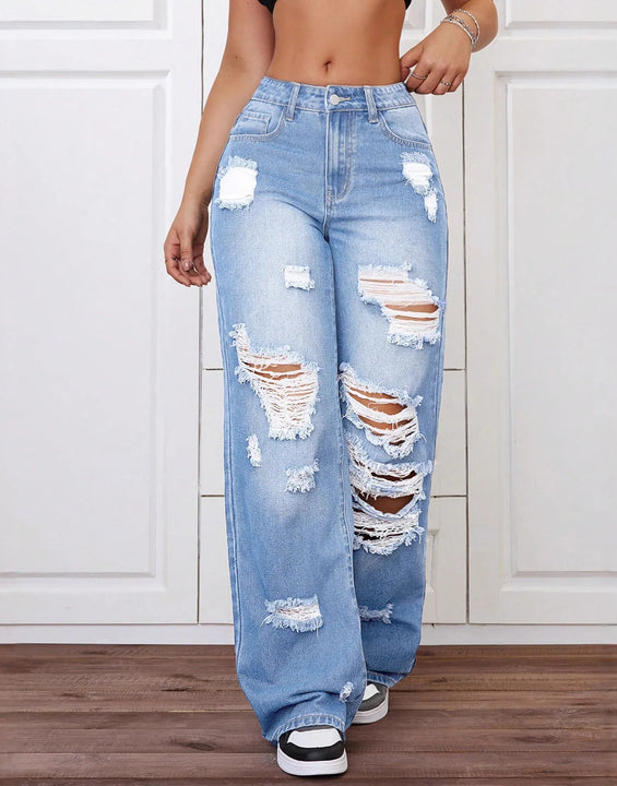 Women High Waist Straight Leg Jeans Ripped Denim Pants Casual Long Trousers Spring Summer