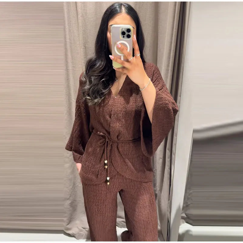 Tie Front Textured Women Set V-Neck Loose Set Wide Sleeve Drawstring Pants Casual Lounge Solid Color 2 Piece Outfits For Daily
