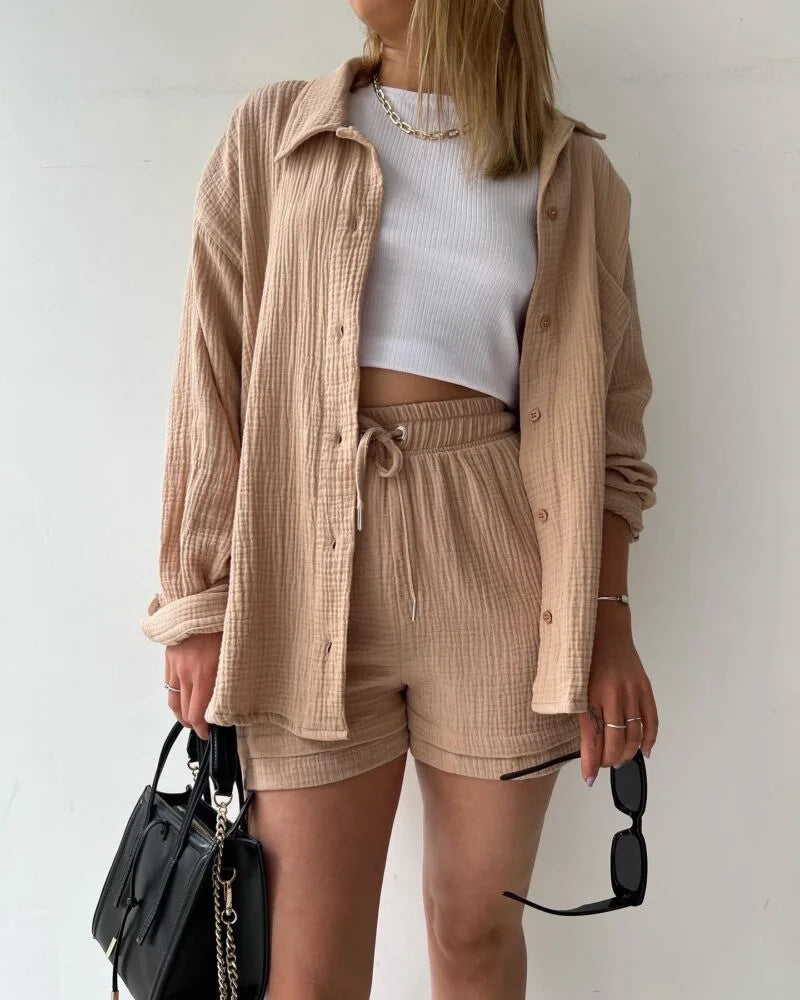 Women's Summer Shorts Set White Long Shirt High Waisted Pants Sets Casual Outfit Streetwear Suits For Women Female Clothing 2025