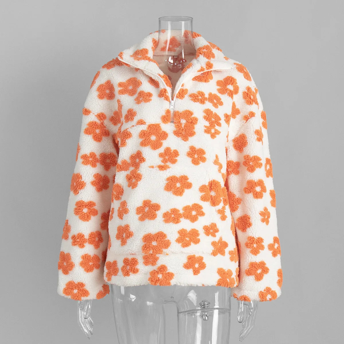 KADUWAKI Retro Christmas Women's Fashion Polar Fleece Flower Blossoms Sweaters Cotton Loose Warm Fur Stand Up Collar Zipper Tops