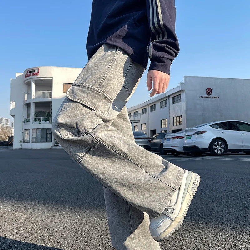 2025 new men's cement grey work jeans Y2K street hip-hop large pocket wide-leg straight jeans trousers jogging black light blue