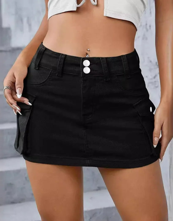Women Skirts Denim Washed Solid Low Waist Slim Fit Sexy Wrap Buttocks Mini Dress High Street Spliced Skirt Pockets 2025