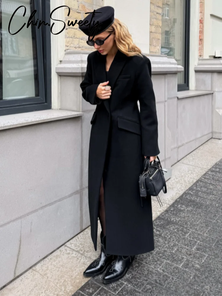 Elegant Women's Woolen Coat Black Single-Button Stand Collar Slim Lady Long Coats 2025 Autumn Winter Chic Female Streetwear New