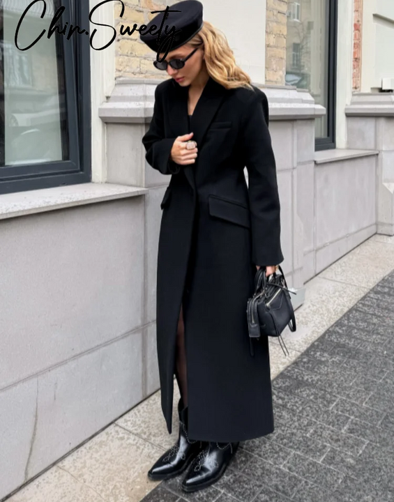 Elegant Women's Woolen Coat Black Single-Button Stand Collar Slim Lady Long Coats 2025 Autumn Winter Chic Female Streetwear New