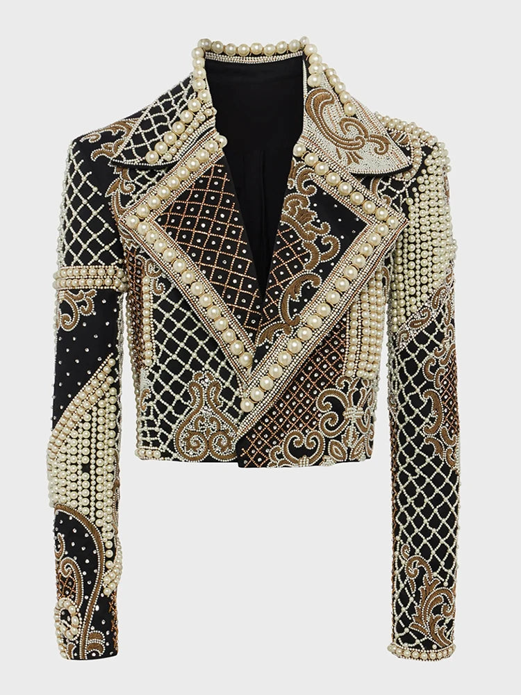 HIGH STREET Newest 2026 Stylish Designer Fashion Women's Luxurious Diamonds Pearls Embroidered Beaded Cropped Velvet Jacket