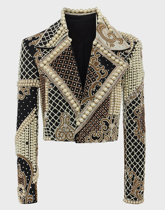 HIGH STREET Newest 2026 Stylish Designer Fashion Women's Luxurious Diamonds Pearls Embroidered Beaded Cropped Velvet Jacket