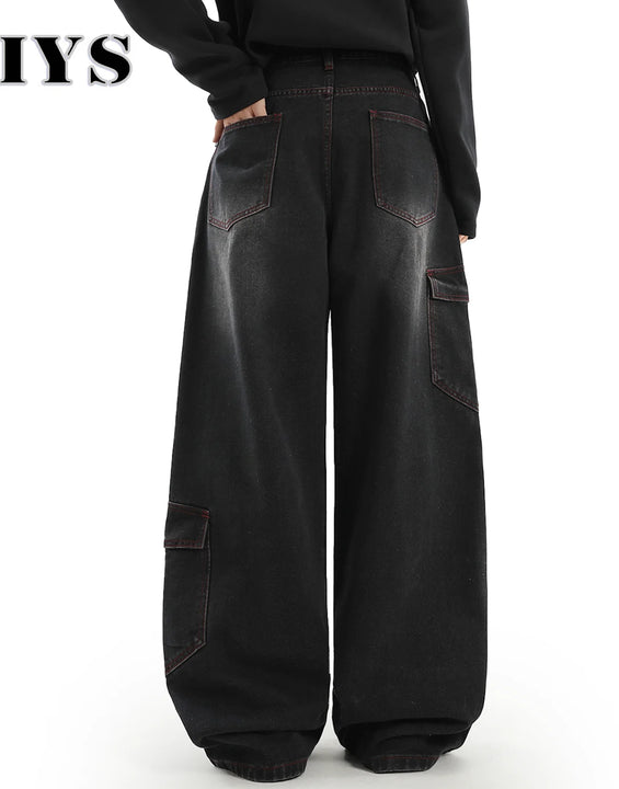 American Street Retro Bright Thread Deconstruction Loose Wide Leg Jeans Unisex  Baggy Men's Clothes Multi Pocket Workwear Jeans