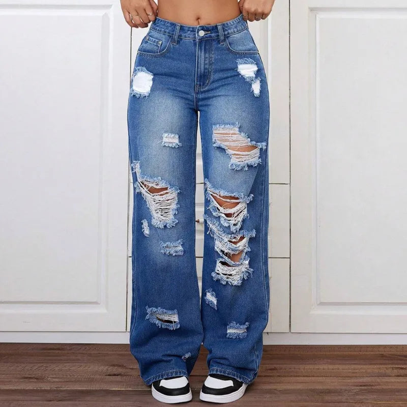 ANJY Spring Autumn New Women Washed Vintage Ripped Design High Street Jeans Trendy Fashion Straight Versatile Denim Pants A23084