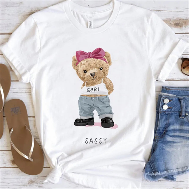 Fashion Graphic T-shirt Women Cute Bear Short-sleeved Clothes Women Print T-shirt Summer 90's Fashion Style Women T-shirt