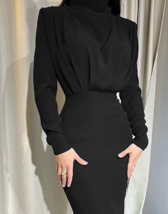 Round Neck Pleated Long Sleeved High Waisted Solid Color Women's Dress Daily Office Elegant Urban Style Autumn Dress