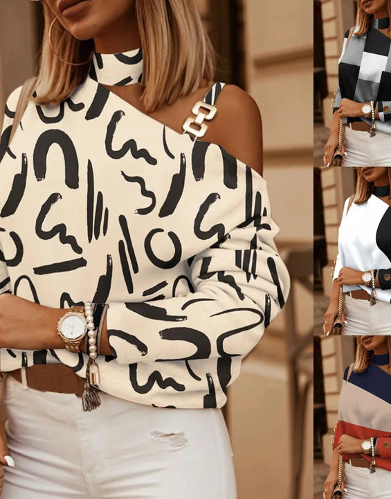 Women Tops Long Sleeve Skew Collar Tees Print T Shirts Pullover High Street Tee Autumn Loose Fit 2025 Casual Buttons Chain