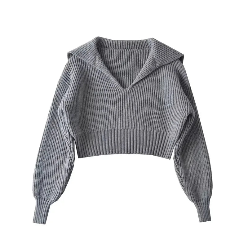 New V Big Lapel Knitted Sweater Women Fashion Loose Cropped Knit Jumper for Woman Korean All-Match Casual Pullover Knitwear