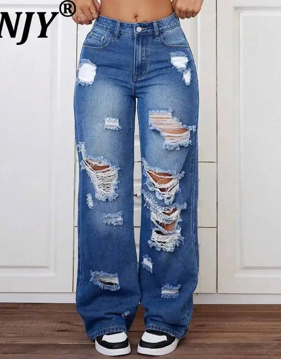 ANJY Spring Autumn New Women Washed Vintage Ripped Design High Street Jeans Trendy Fashion Straight Versatile Denim Pants A23084