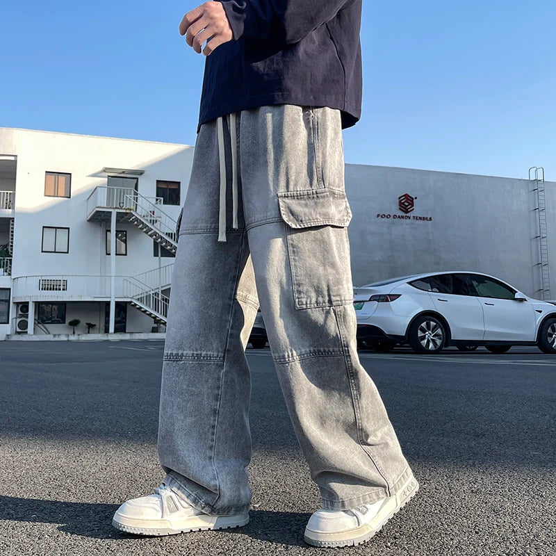 2025 new men's cement grey work jeans Y2K street hip-hop large pocket wide-leg straight jeans trousers jogging black light blue