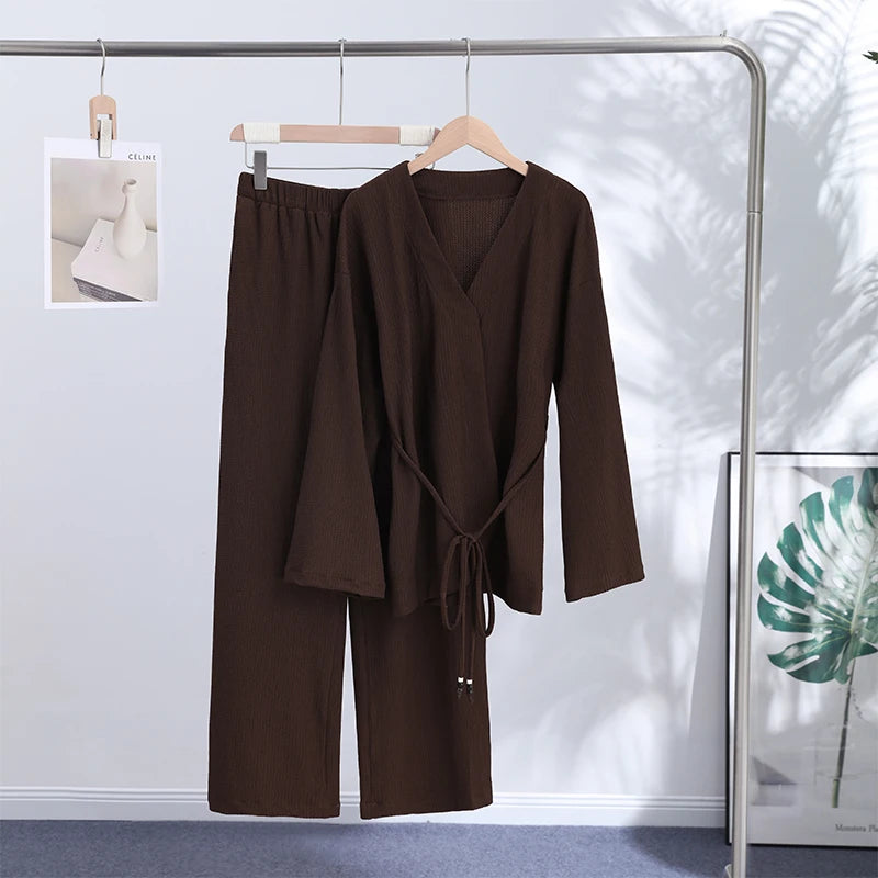 Tie Front Textured Women Set V-Neck Loose Set Wide Sleeve Drawstring Pants Casual Lounge Solid Color 2 Piece Outfits For Daily