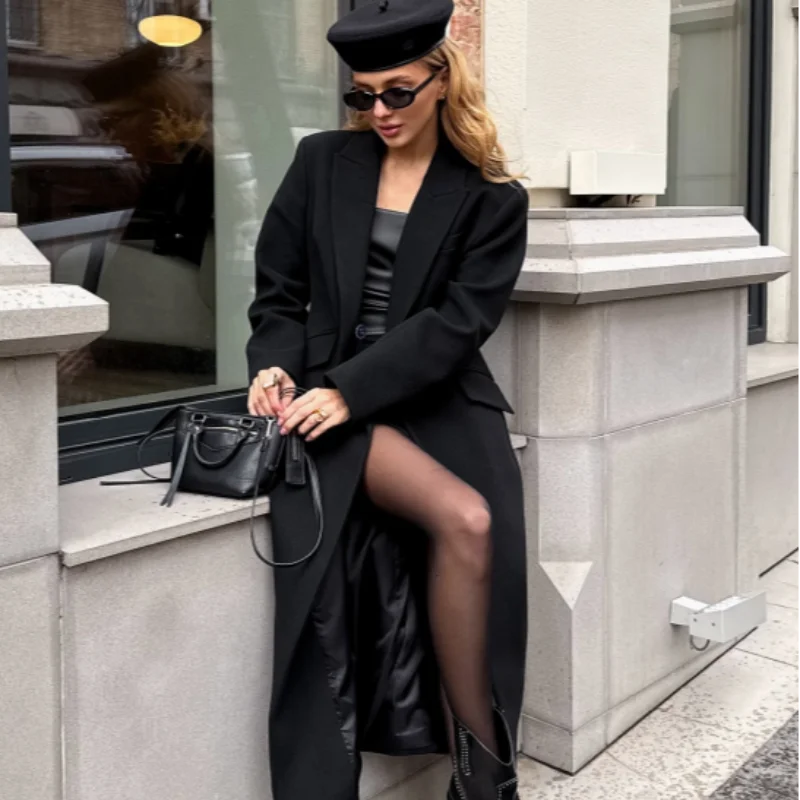 Elegant Women's Woolen Coat Black Single-Button Stand Collar Slim Lady Long Coats 2025 Autumn Winter Chic Female Streetwear New