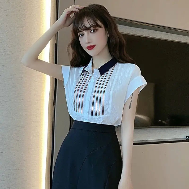 Chiffon Base Shirt for Women in Spring and Summer New Commuting Simple Short-sleeved Striped T-shirt Versatile Lined Thin Top