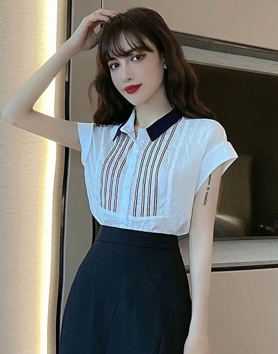 Chiffon Base Shirt for Women in Spring and Summer New Commuting Simple Short-sleeved Striped T-shirt Versatile Lined Thin Top