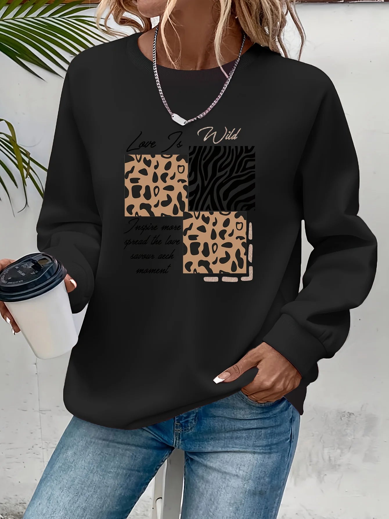 Women's autumn and winter casual loose and comfortable warm cat pattern printed round neck long sleeved pullover