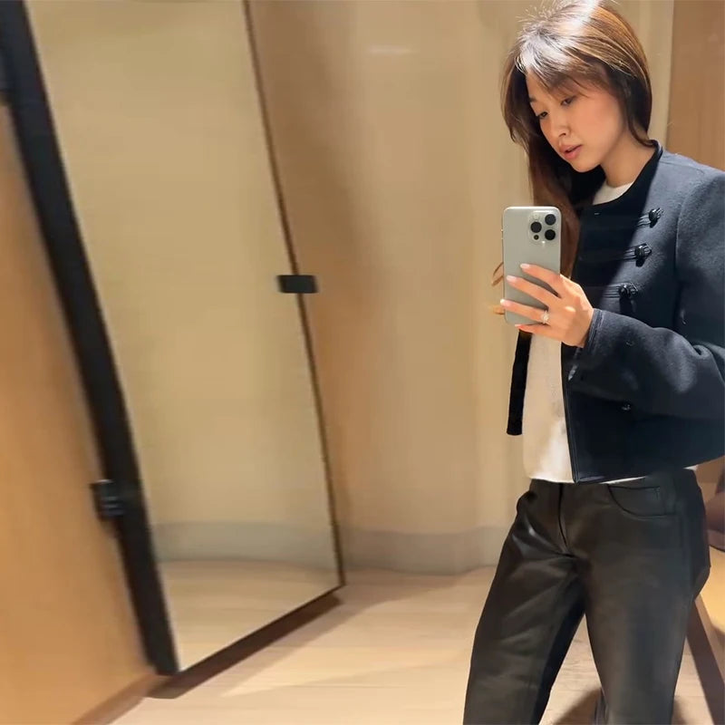 Casual Solid Women's Jacket O-Neck Full Sleeve Button Black Lady Cropped Jackets 2026 Spring Chic Female Street Outerwear