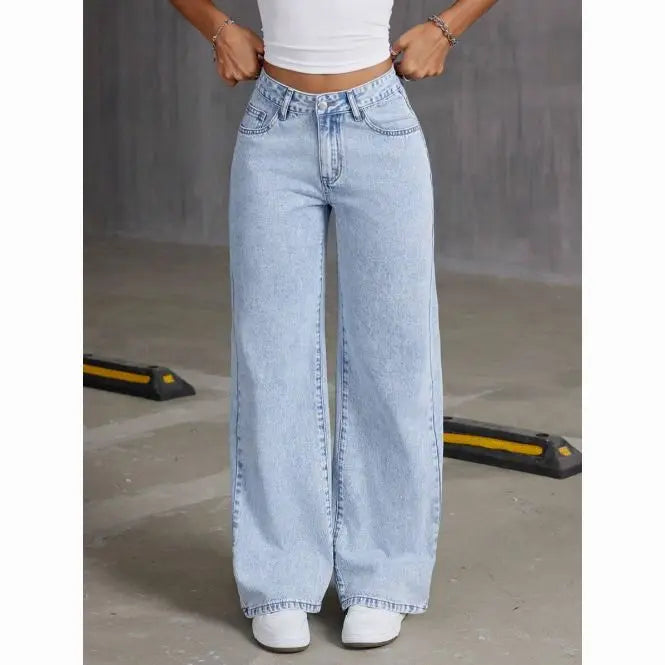 American Women's Blue Washed High-Waisted Straight-Leg Jeans Loose Fashion Front & Back Pockets Jeans Suitable Daily Casual Wear