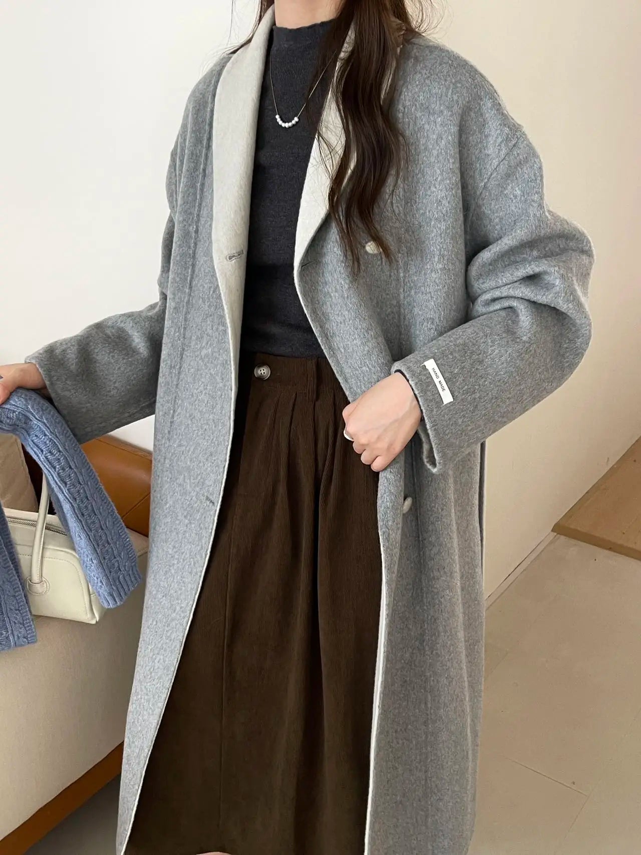 Women Autumn Gentle Elegant Temperament All-match Leisure Solid Long Korean Style Loose Temperament Loose Woolen Coat Female