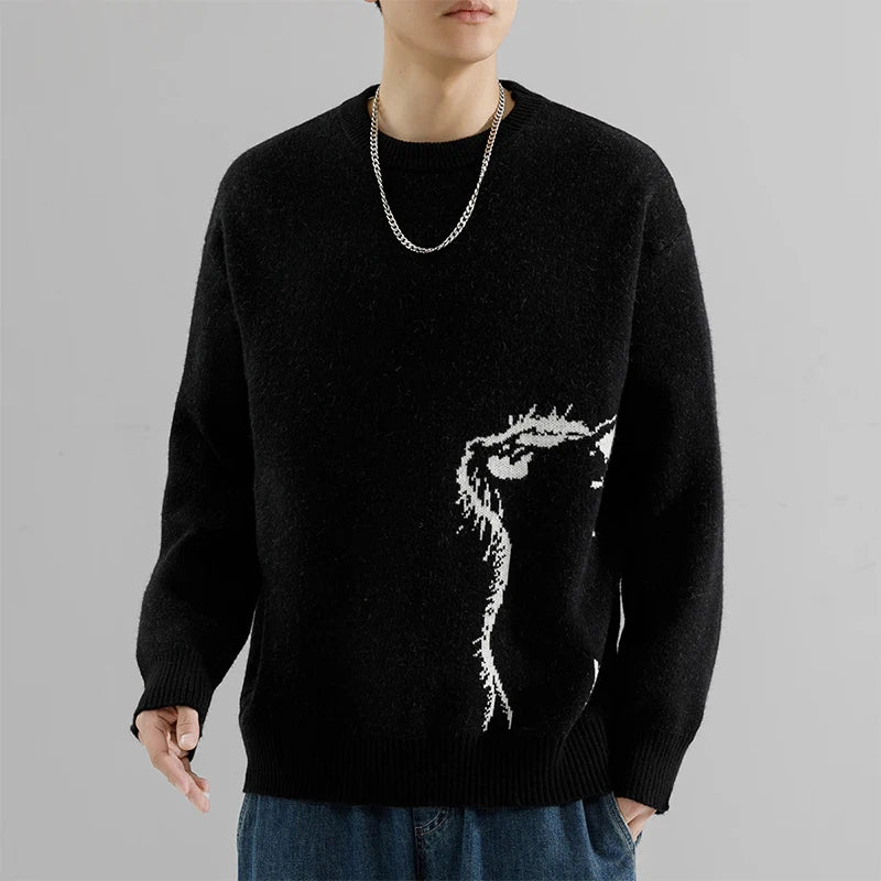 Trendy  Logo round Neck Knit Sweater Loose Fit Casual Base Layer Shirt for Men Autumn Winter New Arrival Fashion Urban Style