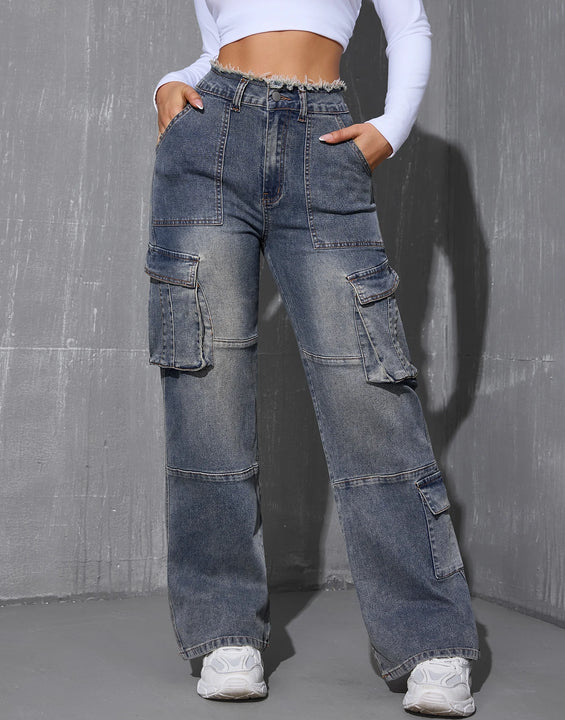 2025 Autumn/Winter Women's Denim Pants, Side-Pocket Design with Multiple Pockets, Original Denim Fabric Patchwork, Original Flan