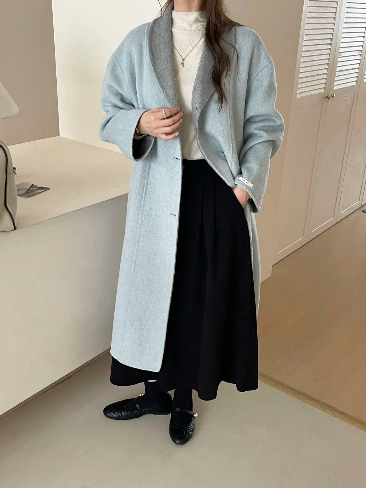 Women Autumn Gentle Elegant Temperament All-match Leisure Solid Long Korean Style Loose Temperament Loose Woolen Coat Female