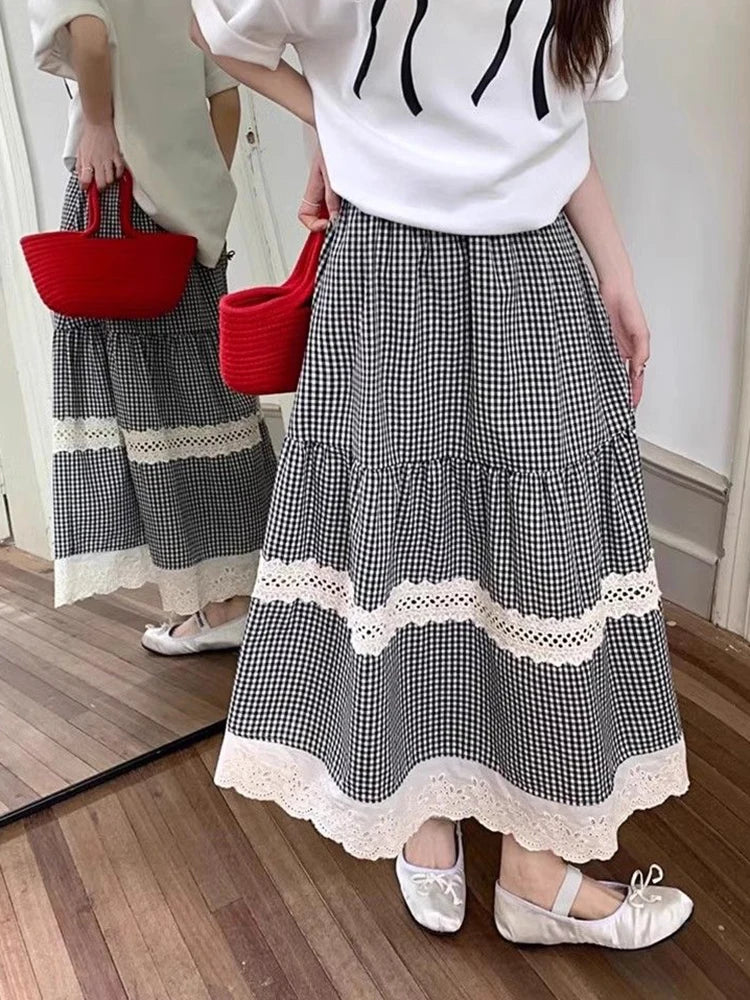Jmprs Lace Patchwork Plaid Long Skirts Women High Waist Vintage Sweet Skirt Korean Casual Preppy Style Elegant A Line Skirts