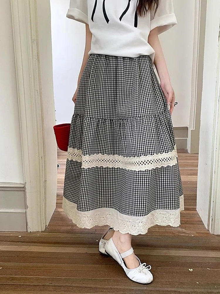 Jmprs Lace Patchwork Plaid Long Skirts Women High Waist Vintage Sweet Skirt Korean Casual Preppy Style Elegant A Line Skirts