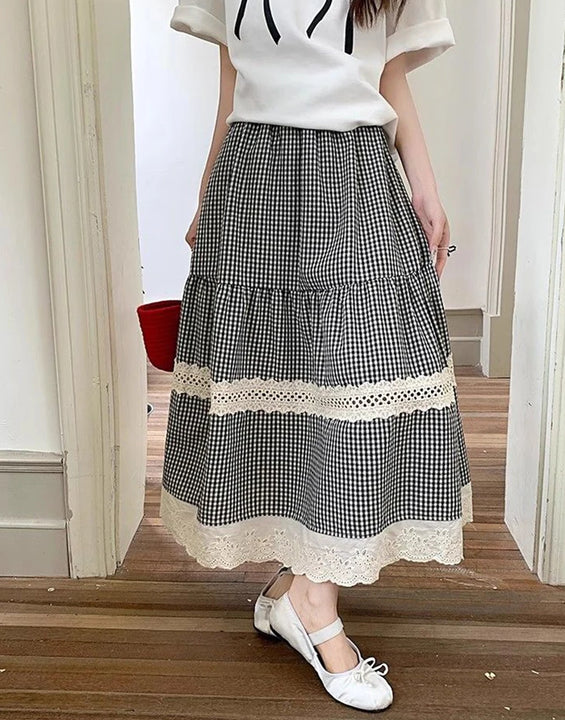 Jmprs Lace Patchwork Plaid Long Skirts Women High Waist Vintage Sweet Skirt Korean Casual Preppy Style Elegant A Line Skirts