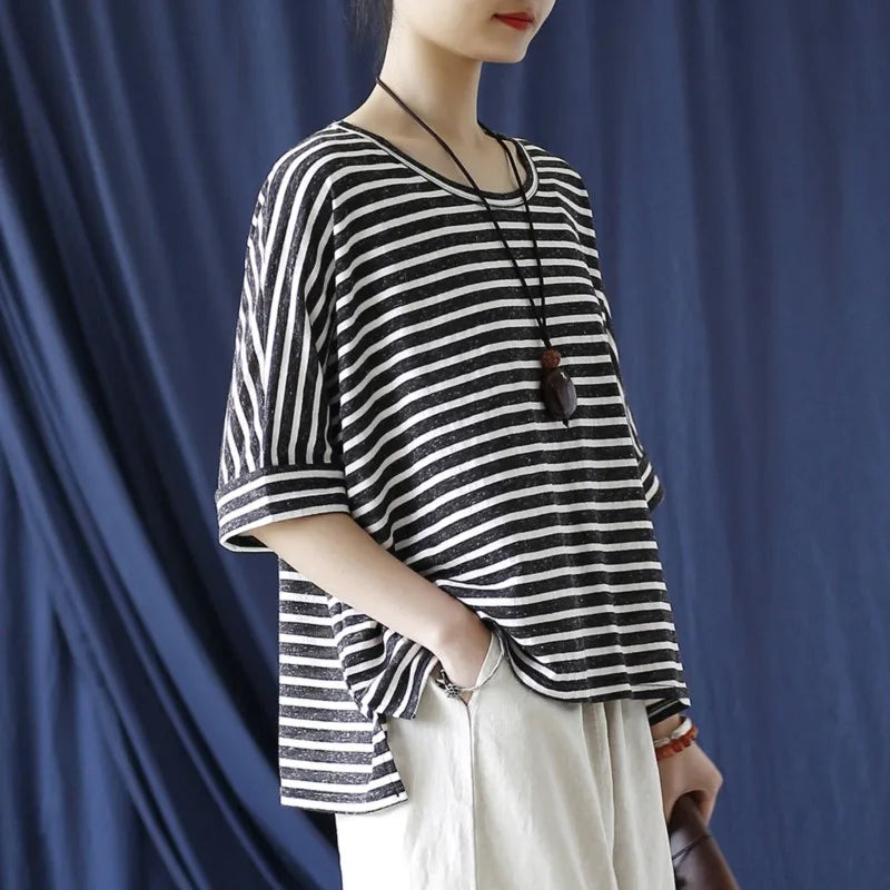 Johnature Women Casual Striped T-Shirts O-Neck Half Sleeve Tees 2025 Autumn New Cotton Soft Women Clothes Loose T-Shirts