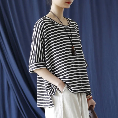 Johnature Women Casual Striped T-Shirts O-Neck Half Sleeve Tees 2025 Autumn New Cotton Soft Women Clothes Loose T-Shirts