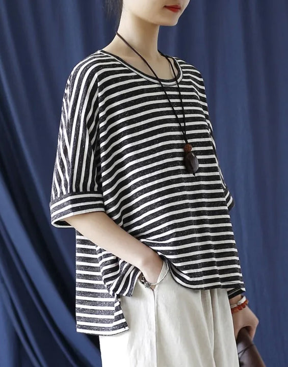 Johnature Women Casual Striped T-Shirts O-Neck Half Sleeve Tees 2025 Autumn New Cotton Soft Women Clothes Loose T-Shirts