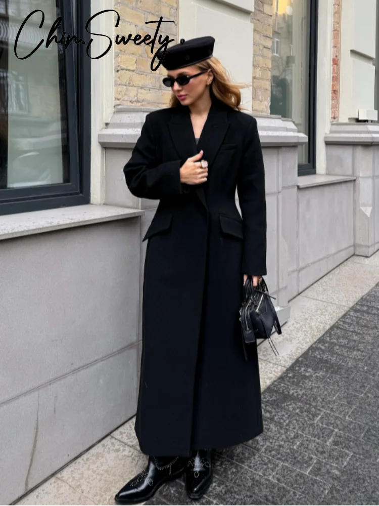 Elegant Women's Woolen Coat Black Single-Button Stand Collar Slim Lady Long Coats 2025 Autumn Winter Chic Female Streetwear New