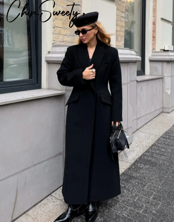 Elegant Women's Woolen Coat Black Single-Button Stand Collar Slim Lady Long Coats 2025 Autumn Winter Chic Female Streetwear New