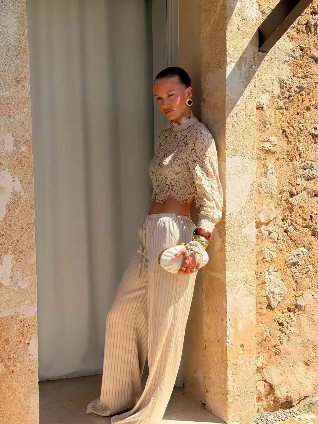 Lace Top Pants 2 Piece Set Women Chic Solid Half High Collar Cropped Back Split Long Pant Suit 2026 Lady Daily Street Outfit New