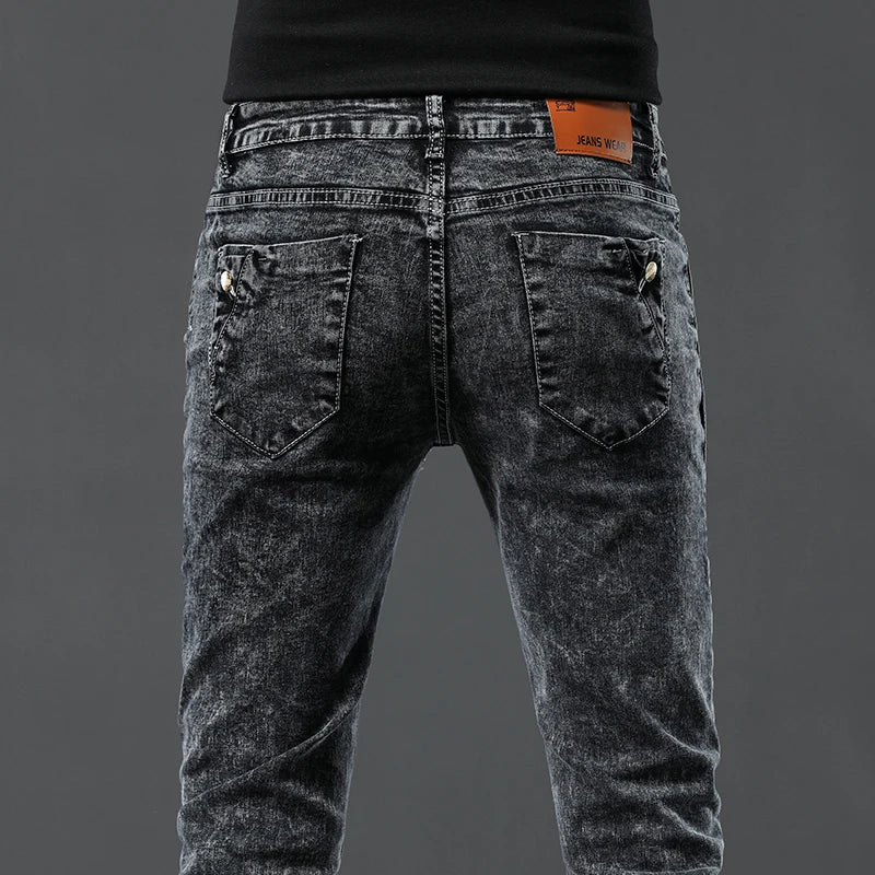 Vintage Fashion Men's Designer Jeans Snowflake Wash Korean Fashion Stretch Pants Male Classic Slim Denim Trousers