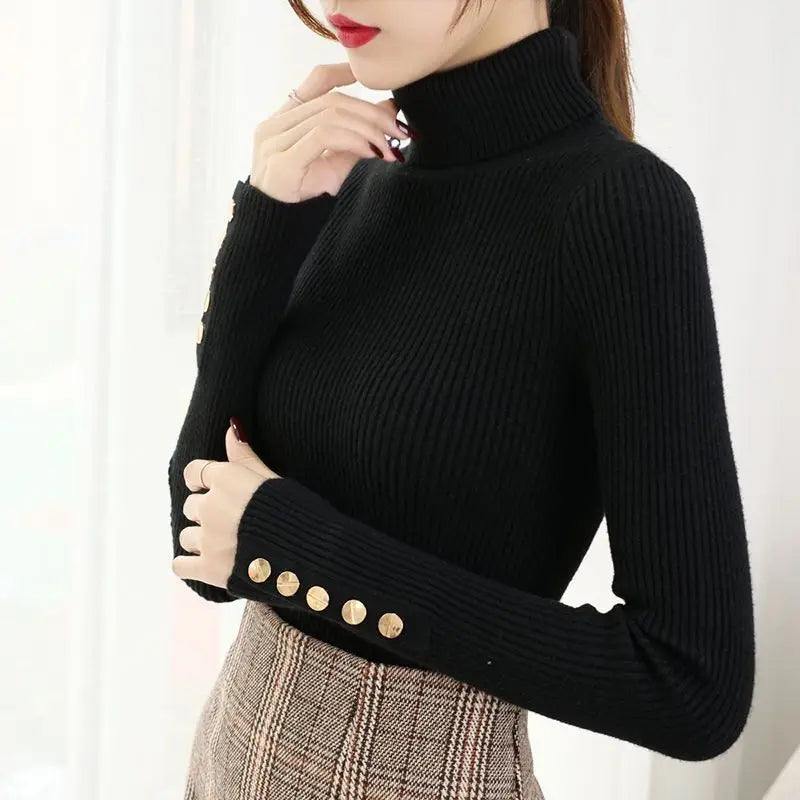 2026 Knitted Turtleneck Women Sweater Button Long Sleeve Pullovers Autumn Winter Basic Femme Sweaters Slim Solid Pull Tops
