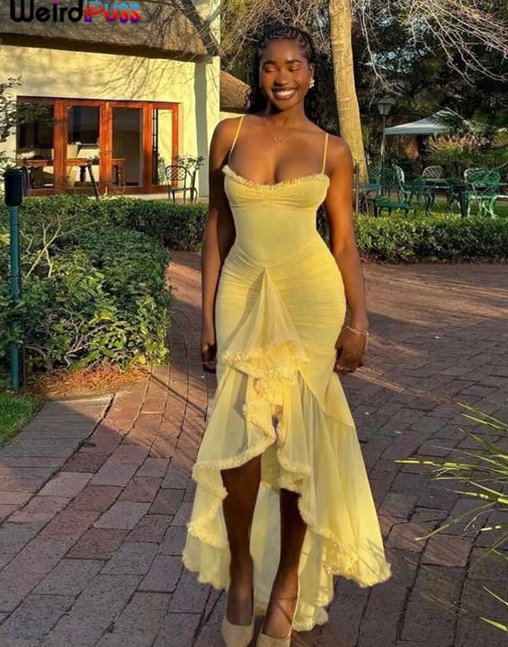 Weird Puss Ruffles Bandage Dress Women Sexy Backless Sleeveless Tassel Lace-Neck See Through Slits Hem Prom Party Long Bodycon
