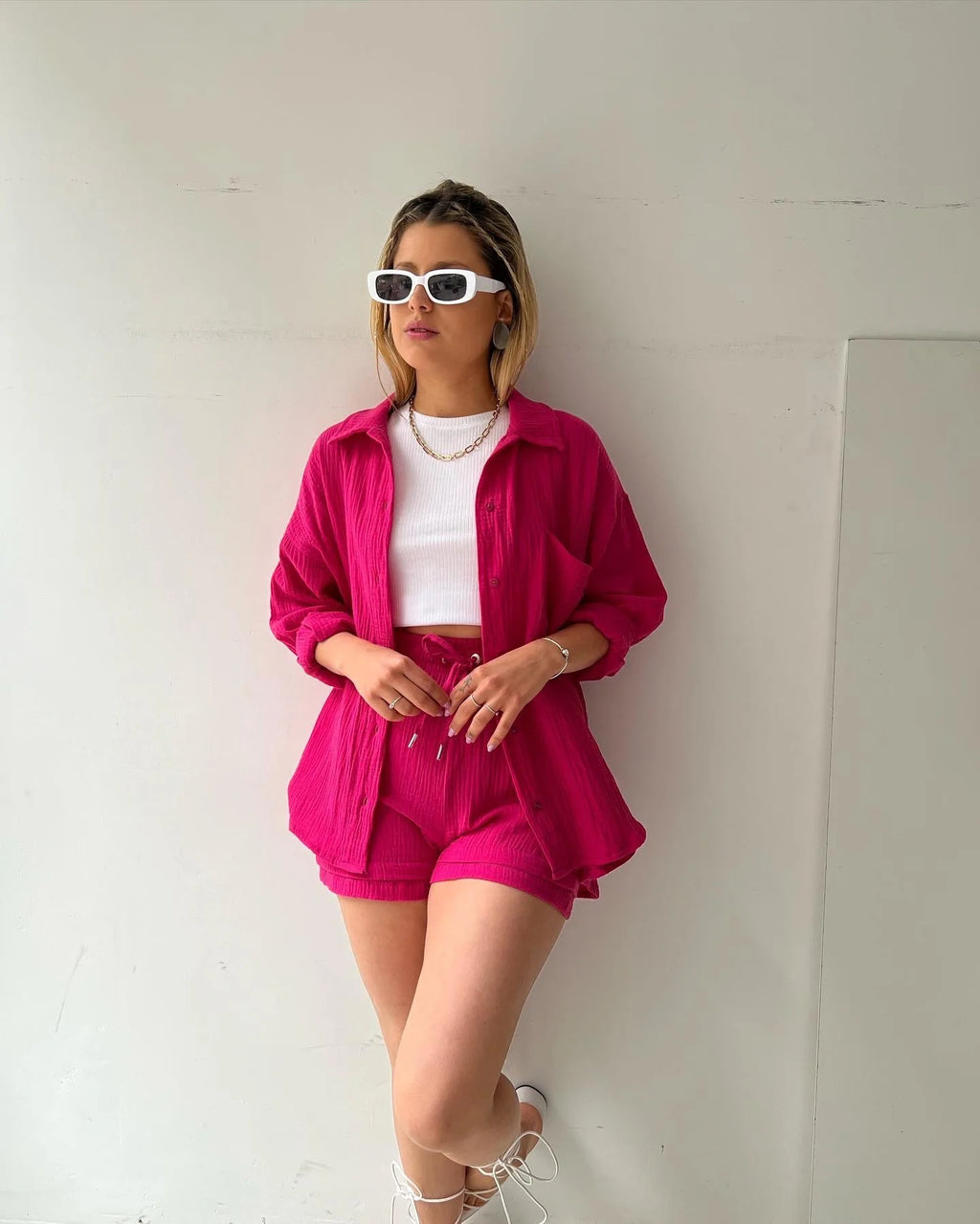 Women's Summer Shorts Set White Long Shirt High Waisted Pants Sets Casual Outfit Streetwear Suits For Women Female Clothing 2025