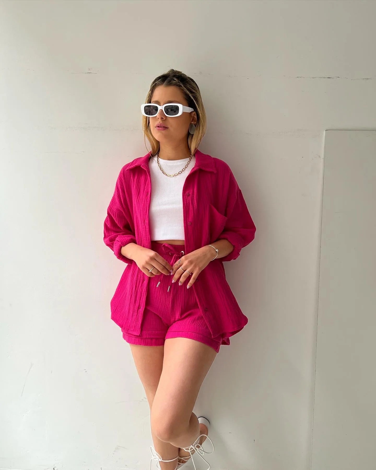 Women's Summer Shorts Set White Long Shirt High Waisted Pants Sets Casual Outfit Streetwear Suits For Women Female Clothing 2025