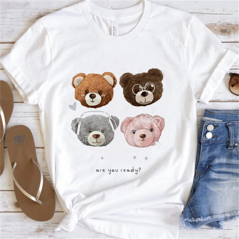 Fashion Graphic T-shirt Women Cute Bear Short-sleeved Clothes Women Print T-shirt Summer 90's Fashion Style Women T-shirt