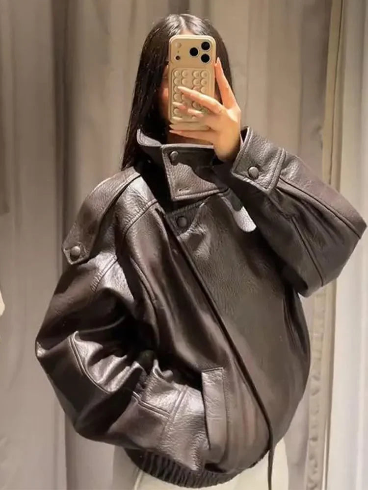 Women Bomber Jacket Leather Coat Retro Coat Stand-Collar Top Textured Clothes Lversized Biker Coat Casual Streetwear Outerwear