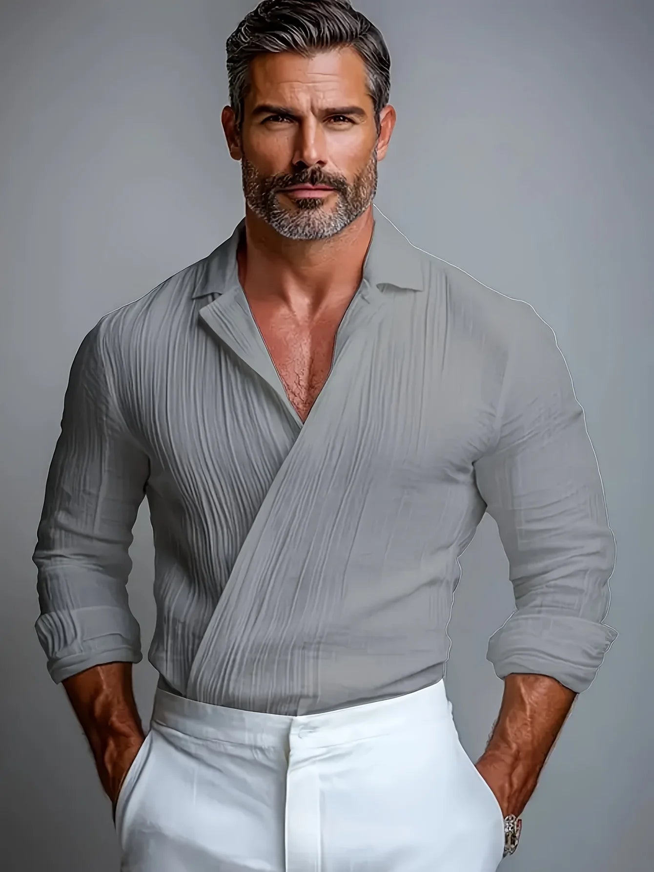 LVLAEA Pleated Textured Shirt Men Autumn Solid Color Long Sleeve Lapel Old Money Style Criss-cross Design Breathable Tated Shirt