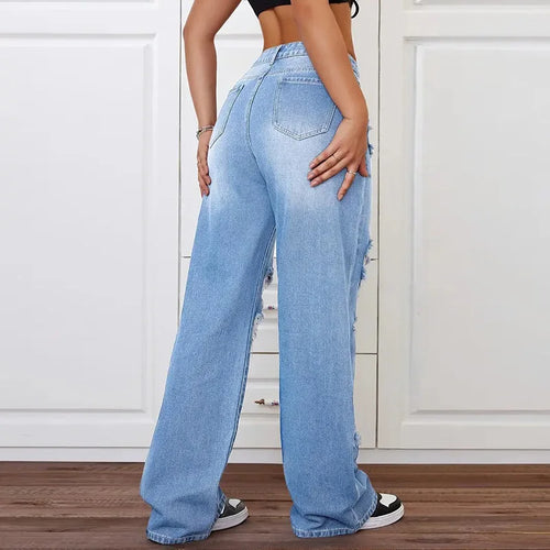 Benuynffy High Waisted Baggy Ripped Jeans Women's Streetwear Bf Style Washed All Match Straight Leg Denim Trousers Woman New