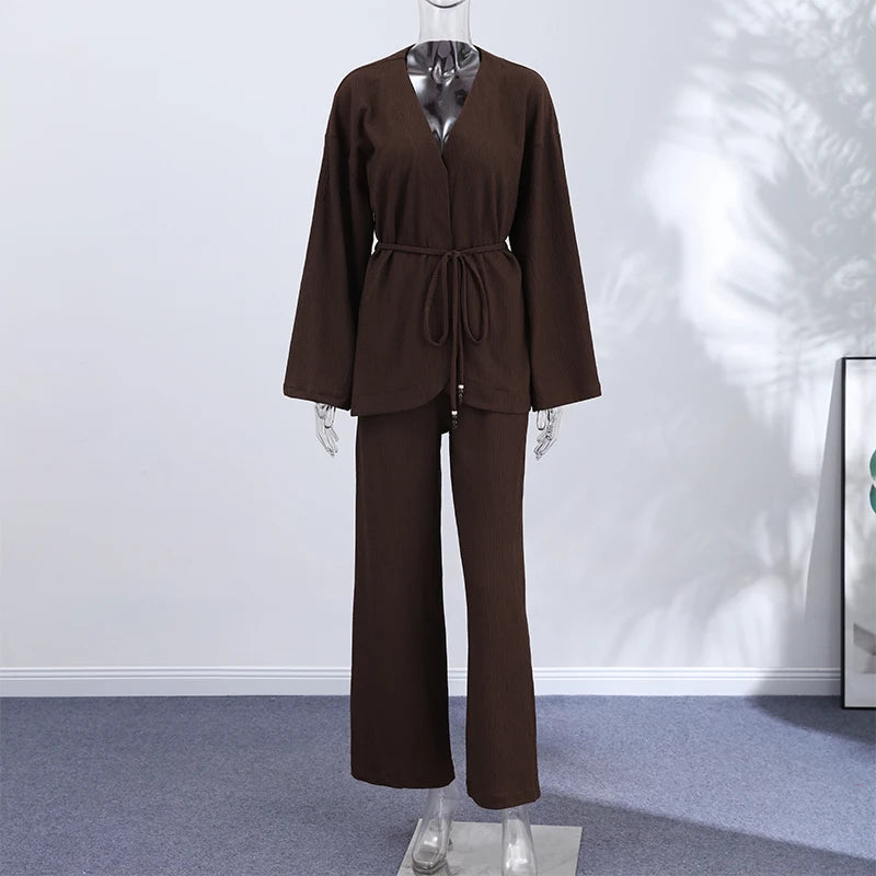 Tie Front Textured Women Set V-Neck Loose Set Wide Sleeve Drawstring Pants Casual Lounge Solid Color 2 Piece Outfits For Daily
